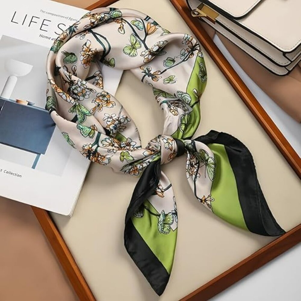 Women's Silk Feel Neck Scarf Shades of‎ Green with Butterflies Beautiful